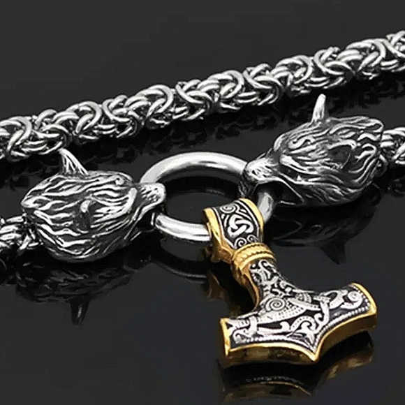 New! MEN'S Nordic Viking Celtic Inspired Wolf and Thor Hammer Necklace. - Picture 2 of 7